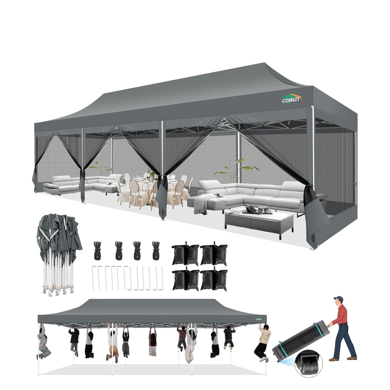 COBIZI 10x30 Canopy Tent, Heavy Duty Pop up Canopy with Sidewalls, Waterproof Easy Setup Canopy