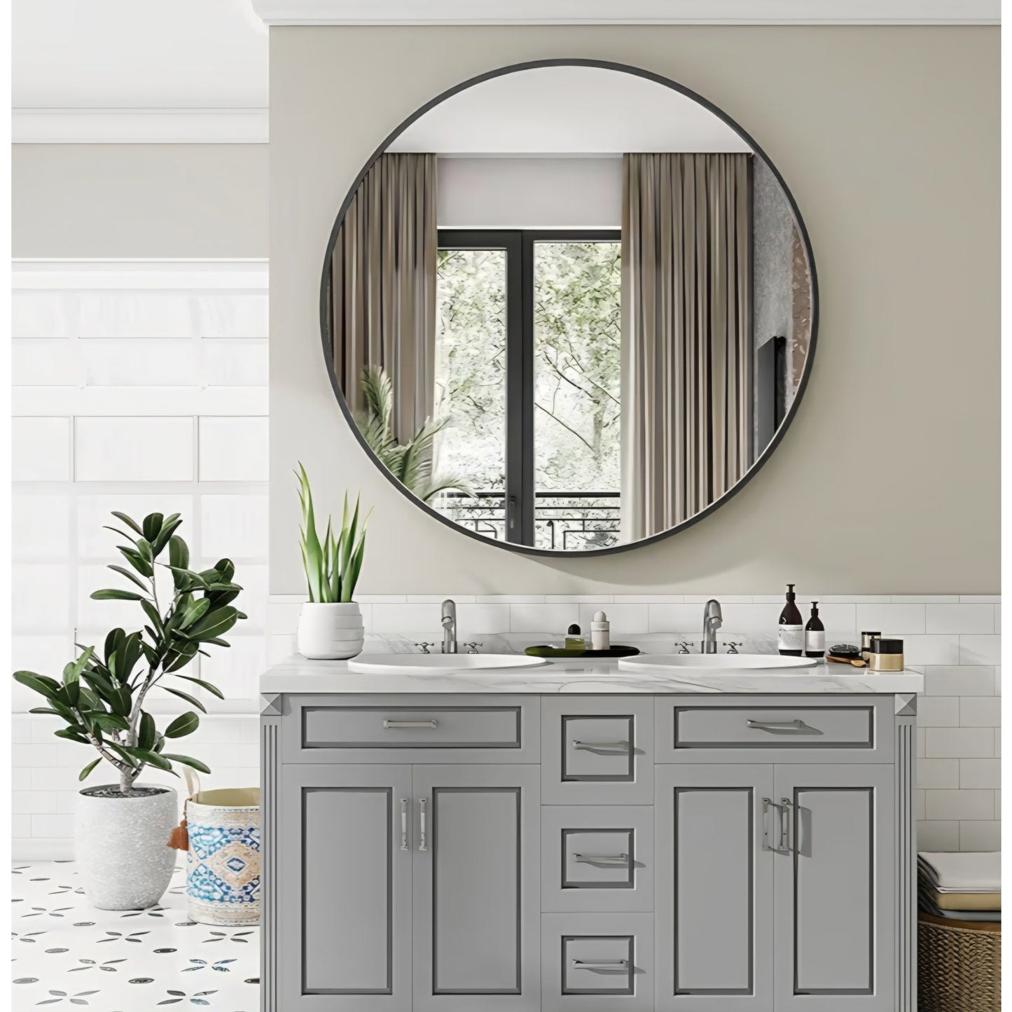 VooBang Large Black Round Bathroom Mirror, 45 inch Circle Wall Mounted Hanging