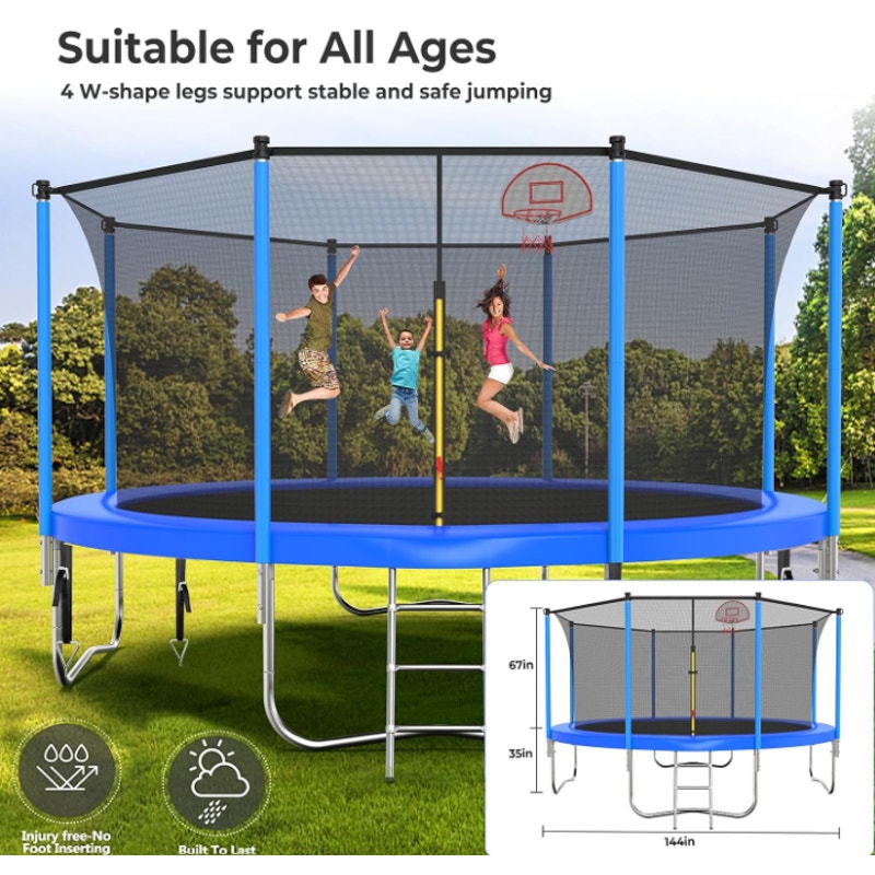 Lyromix Upgraded 12FT Trampoline Outdoor with Basketball Hoop and Net, Capacity for 4-6 Kids,Adults