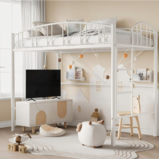 Loft Bed Twin Size, Heavy Duty Metal Loft Bed Frame with Arched Guardrail and Safety Ladder
