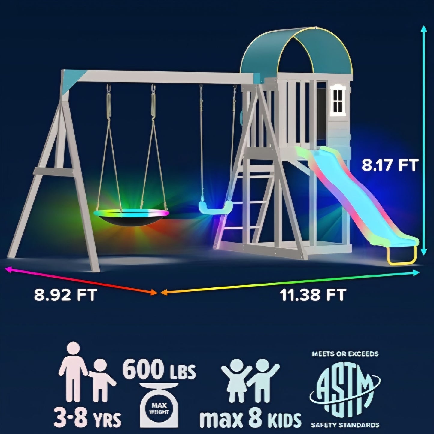 Sportspower Amelia Galaxy Cedar Wooden Swing Set for Night Play with 2 LED Swings