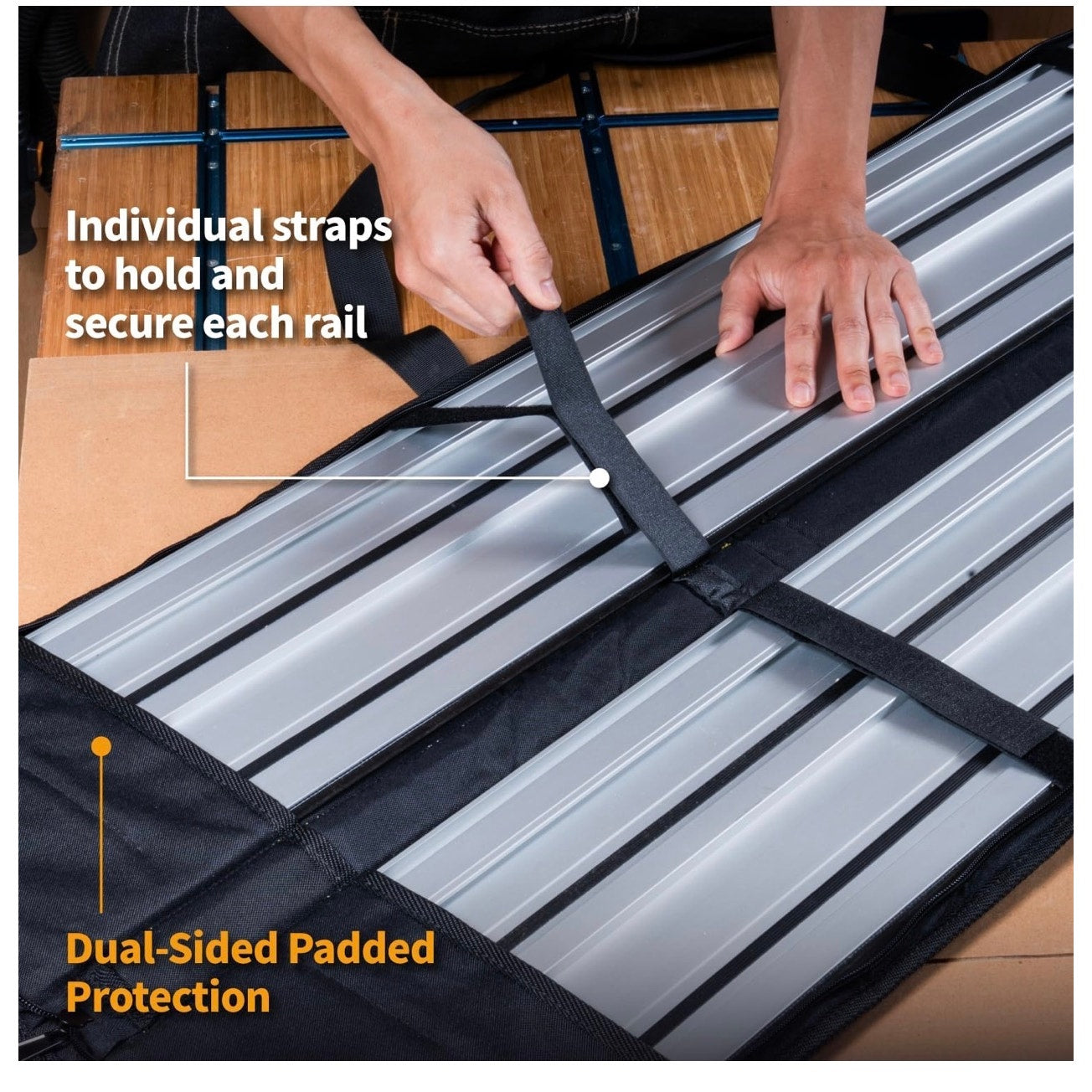 POWERTEC 110" Track Saw Guide Rail Connector Set with Protective Bag for DeWalt Track Saws | Includes 2x55" Aluminum Extruded Guide Rails