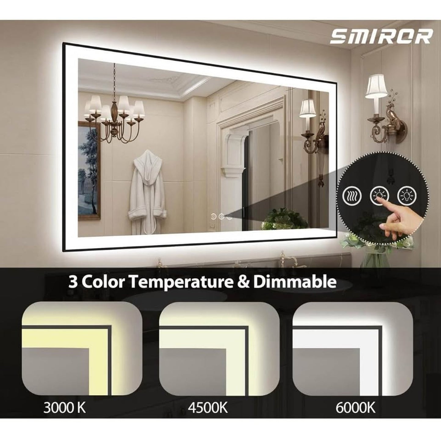 SMIROR 66x36 Black Frame LED Mirrors for Bathroom Wall, Large Lighted Vanity Mirrors, Dimmable, Anti