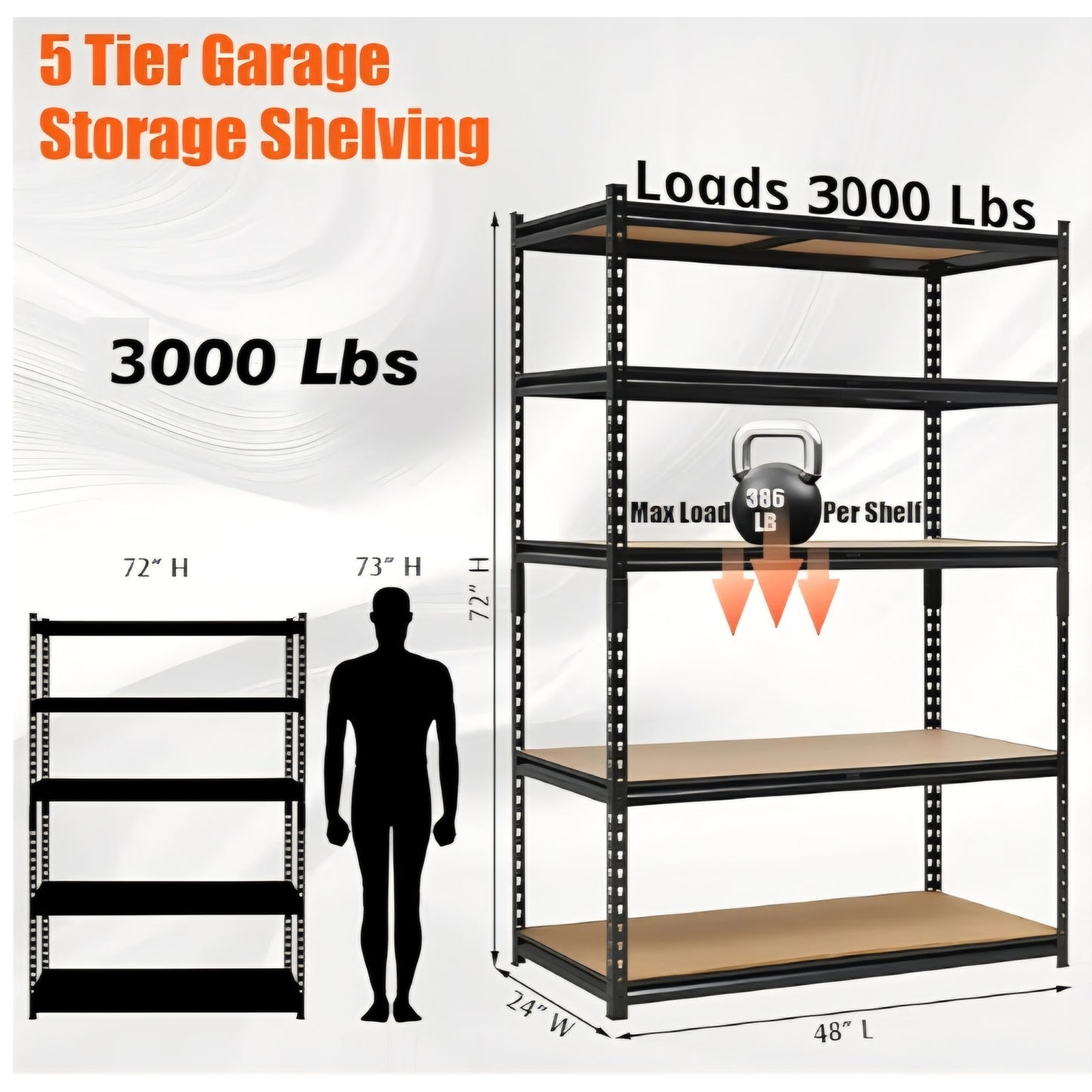 Heavy Duty Garage Shelving Units,5-Tier Adjustable Storage Shelves,48 x 24 x 72in