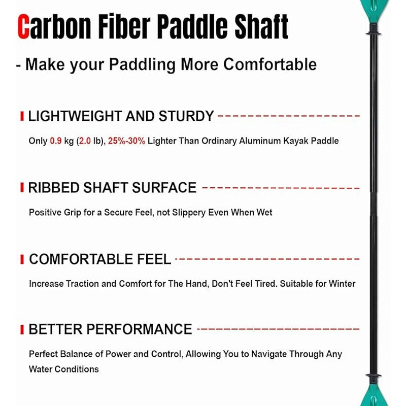 Kayak Paddle Premium Carbon Fiber Paddle, Reinforced PP + Fiberglass Blade, 240-260 cm/94-102 Inches