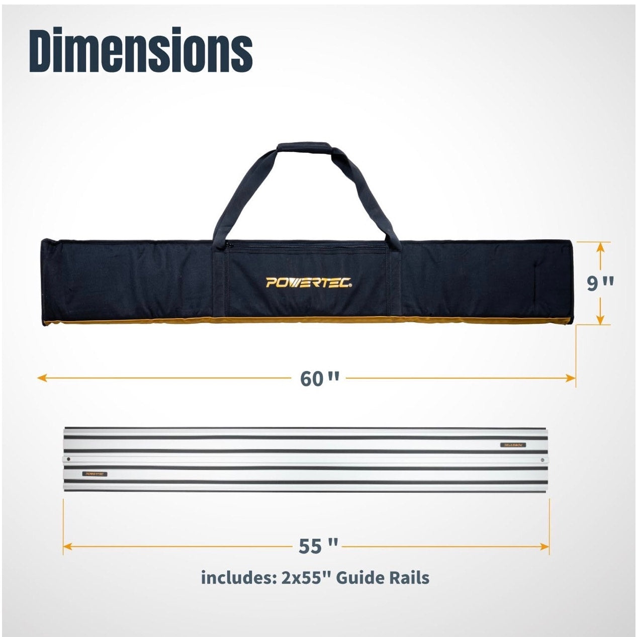 POWERTEC 110" Track Saw Guide Rail Connector Set with Protective Bag for DeWalt Track Saws | Includes 2x55" Aluminum Extruded Guide Rails