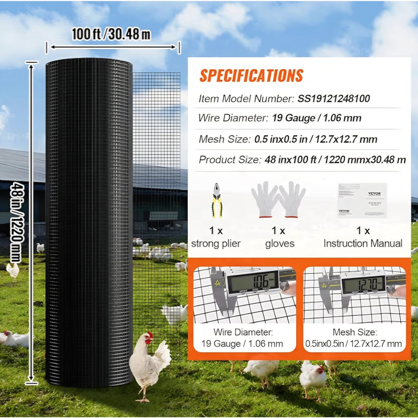 Hardware Cloth, 48'' x 100' 1/2inch Galvanized Wire Mesh Roll, 19 Gauge Chicken Wire Fencing Roll