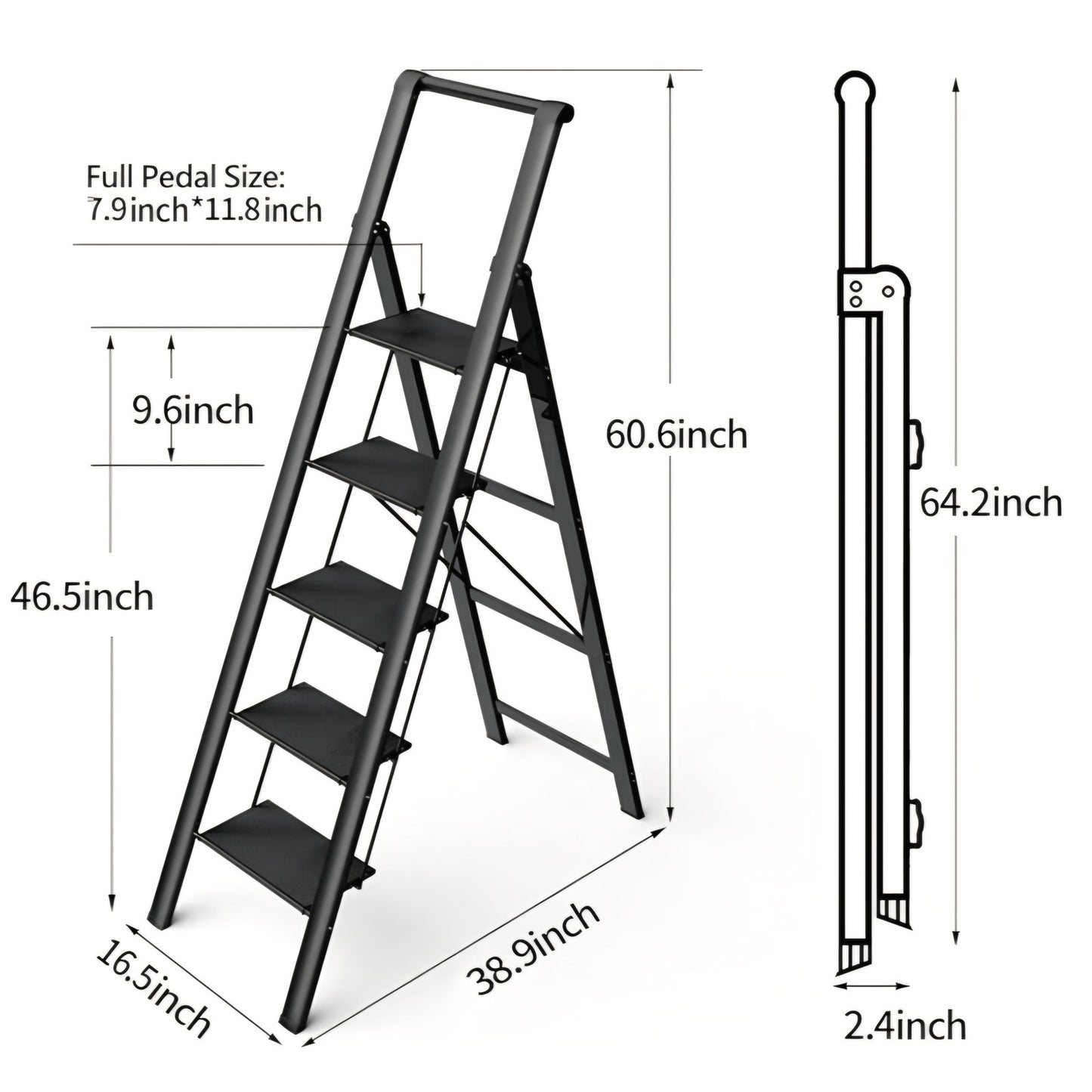 5 Step Ladder, Folding Step Stool, Portable Iron Foldable Black Ladder for 10 Foot High