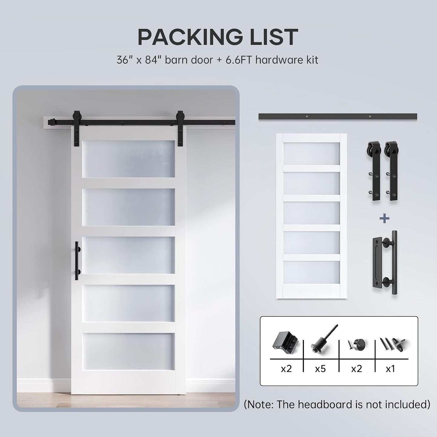 36x84 In Glass Sliding Barn Door Slab & 6.6ft Hardware Kit Incl 5 Frosted Glass, Simple DIY Assembly