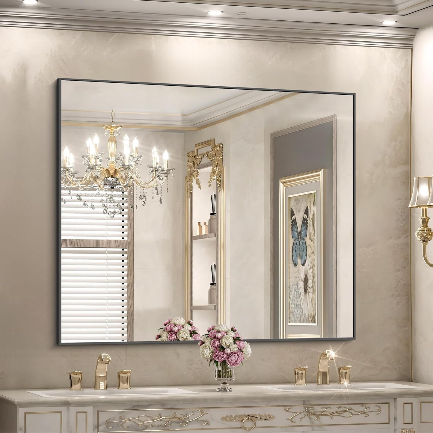 Black Bathroom Mirror for Wall,36x40 Inch Rectangle Mirror with Metal Frame, Horizontal or Vertical