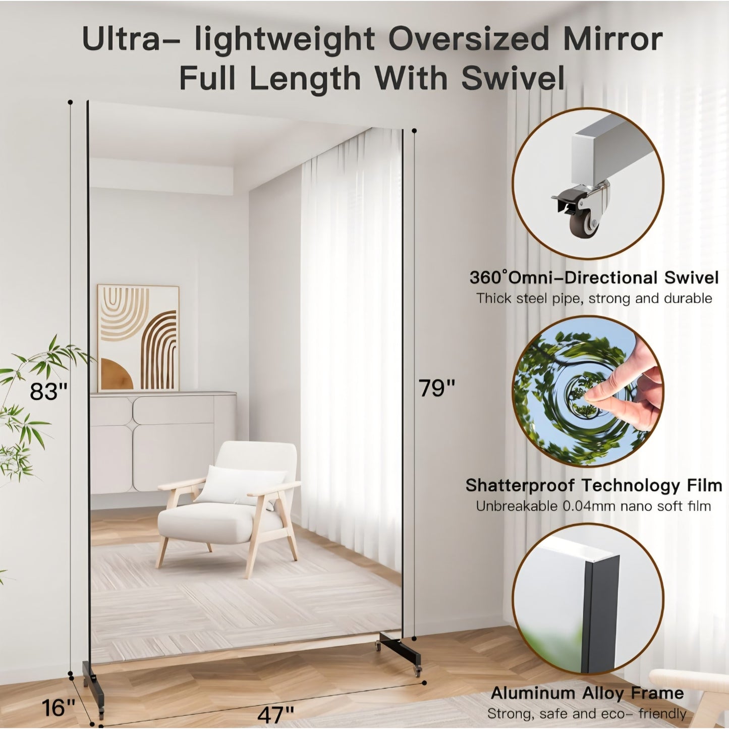 brisafe Home Gym Mirror 360° Swivel on Wheels, 79" X 47" Extra Large Full Body Rolling Mirror