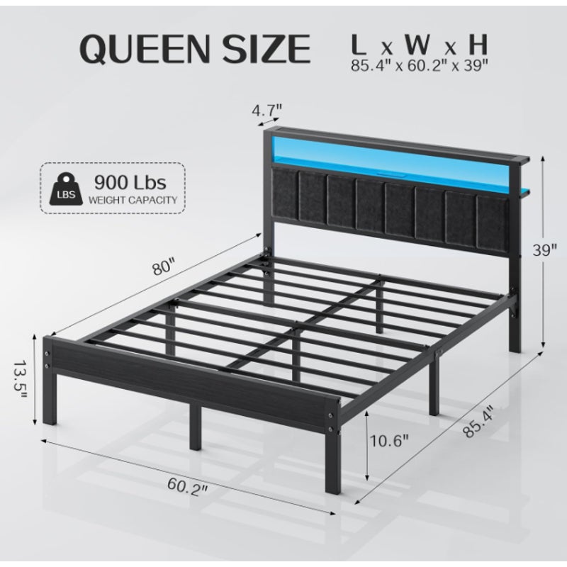 OLEVS Queen Size Bed Frame with LED Lights & Charging Station