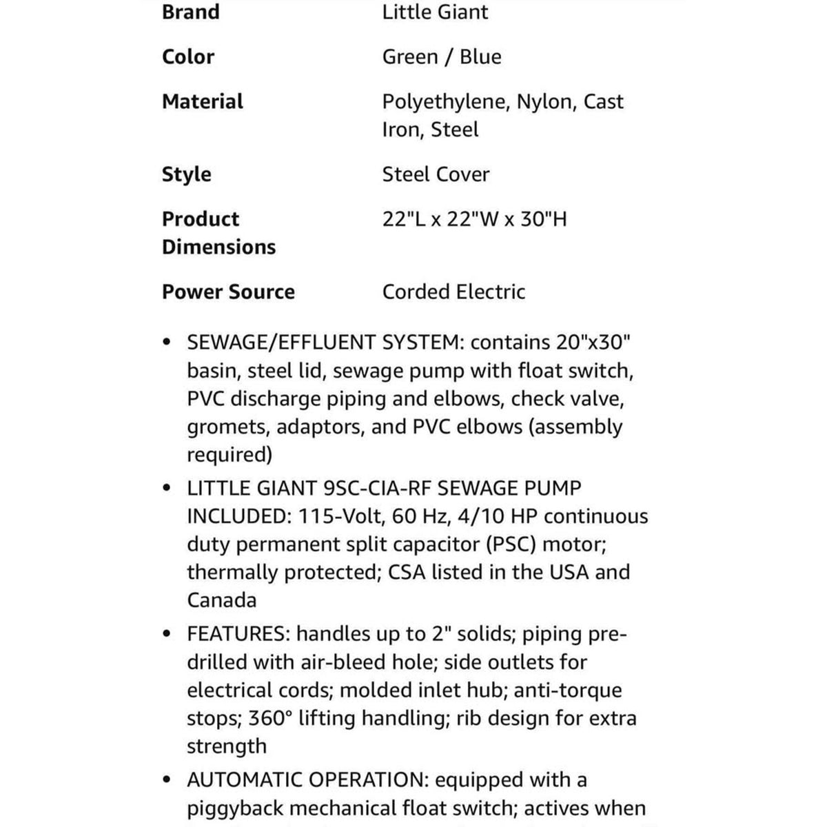 System Pump Little giant WCR-9SS 115 Volt, 4/10 HP, 4800 GPH Sewage/Effluent/Wastewater Collection and Removal S