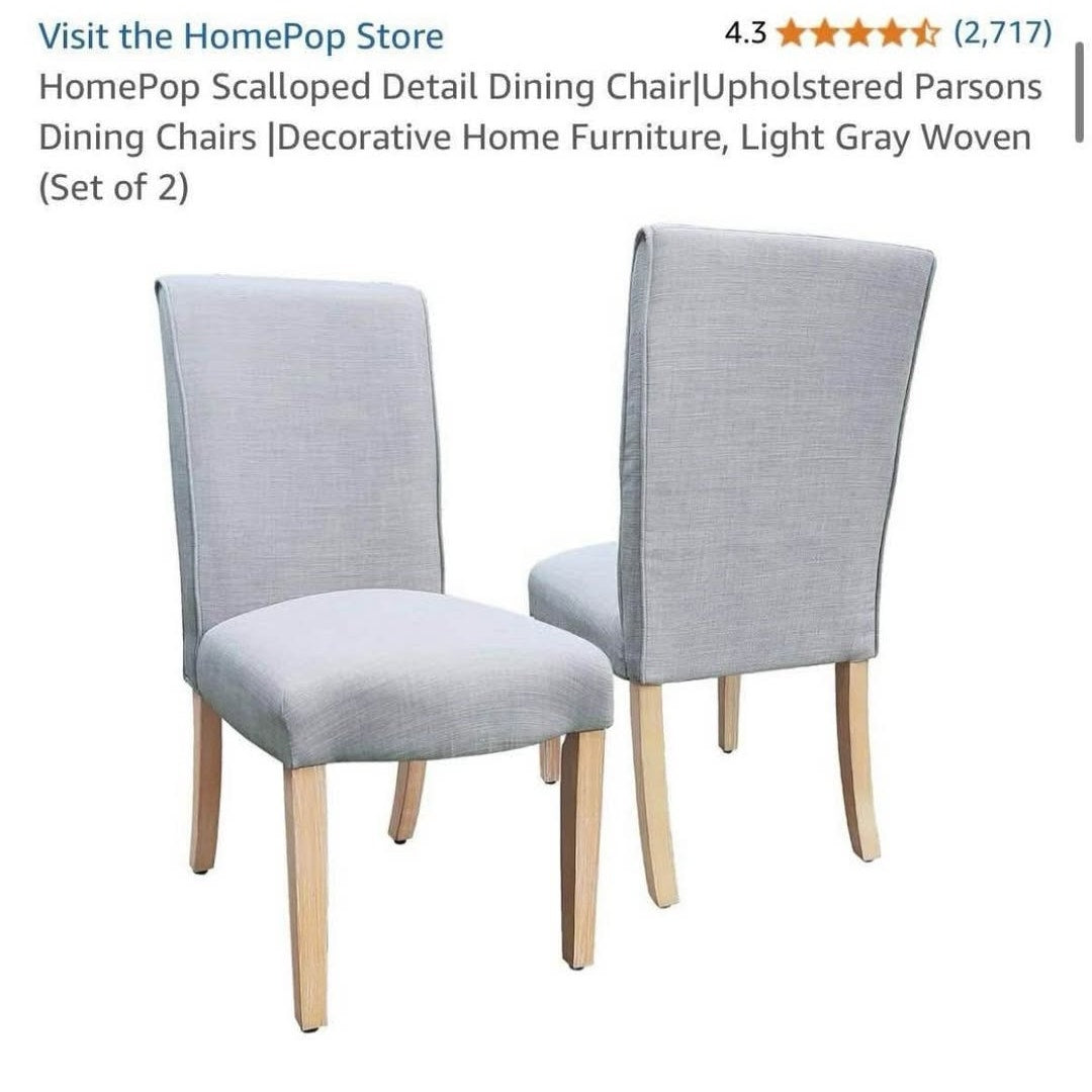 HomePop Scalloped Detail Dining Chair|Upholstered Parsons Dining Chairs |Decorative Home Furniture, Light Gray Woven (Set of 2)