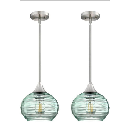 2 Pack 1 Light Kitchen Island Hanging Pendant Light Farmhouse Dining 7" Green Glass Shade Light Fix