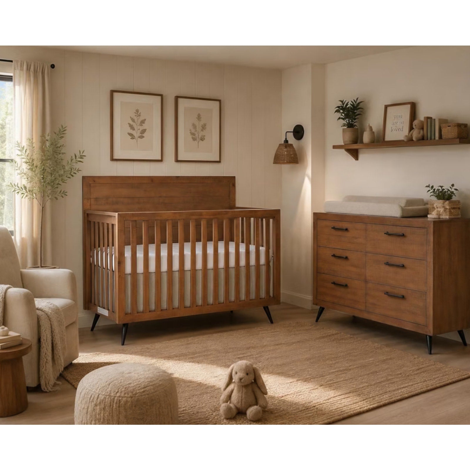 Evolur Stilnovo Mid-Century 4-in-1 Convertible Crib in Sugarcane – Greenguard Gold Certified, Solid Wood