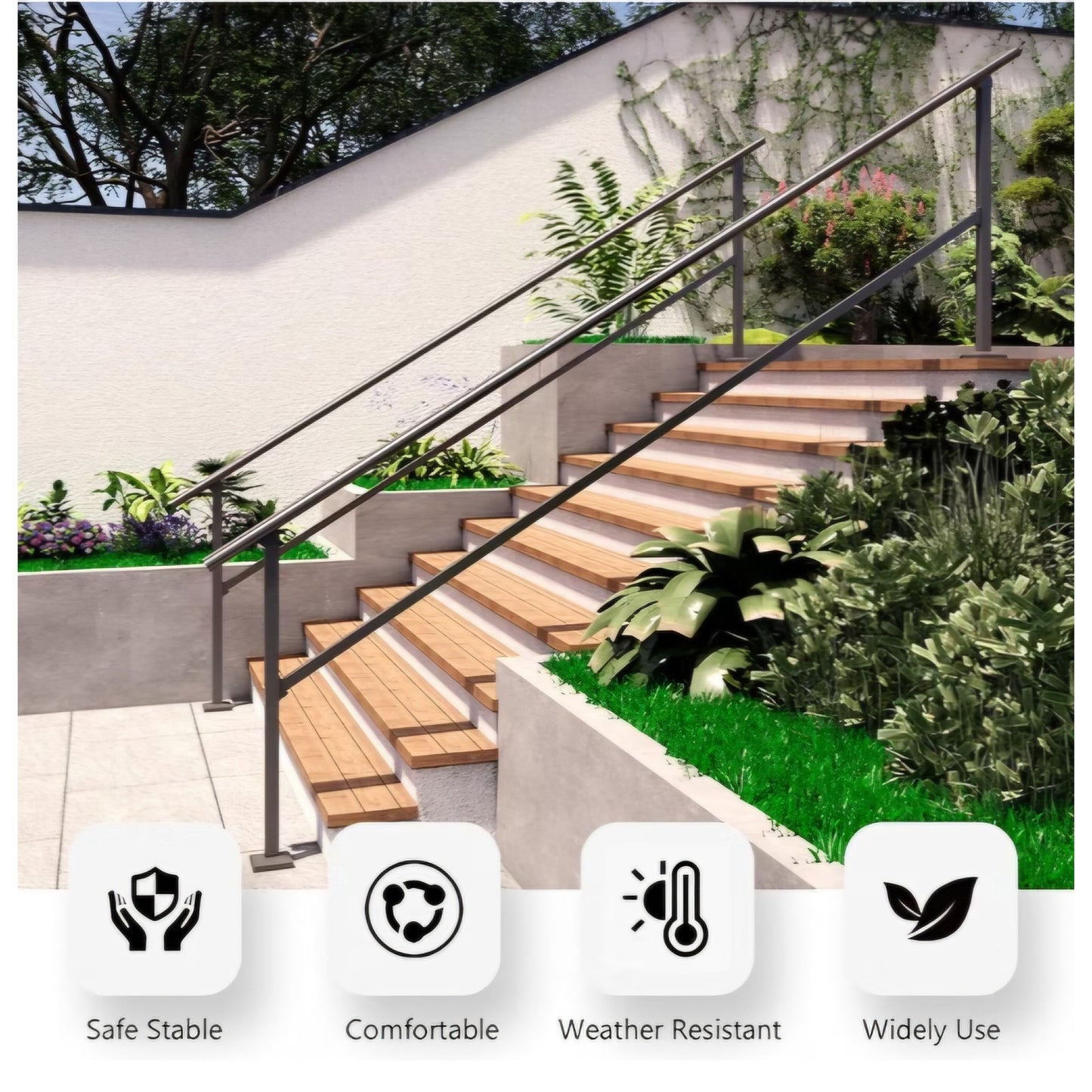 DIYHD 10 Step Handrail for Outdoor,Powder Coated Iron Stair Railing,Black Hand Rails for Indoor