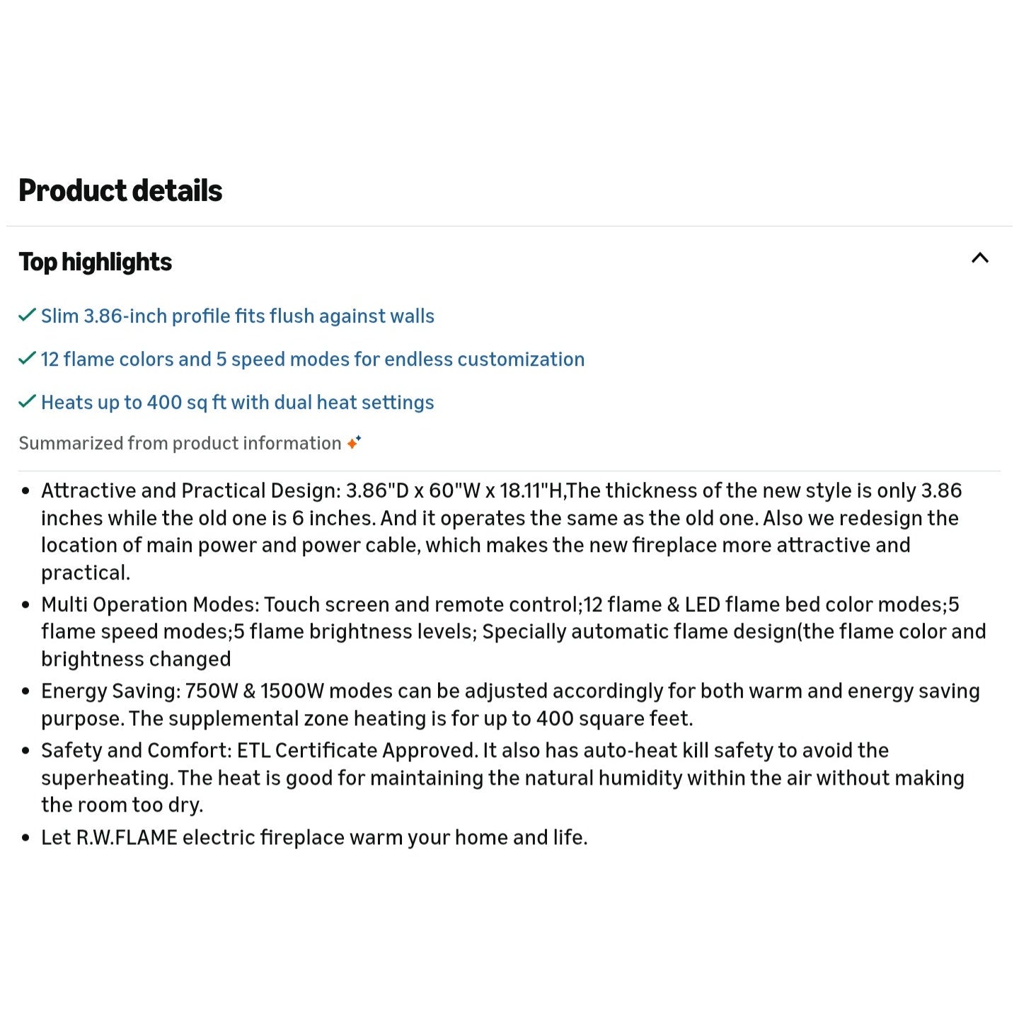 60" Recessed and Wall Mounted Electric Fireplace, Low Noise, Fit for 2 x 6 Stud, Remote Control