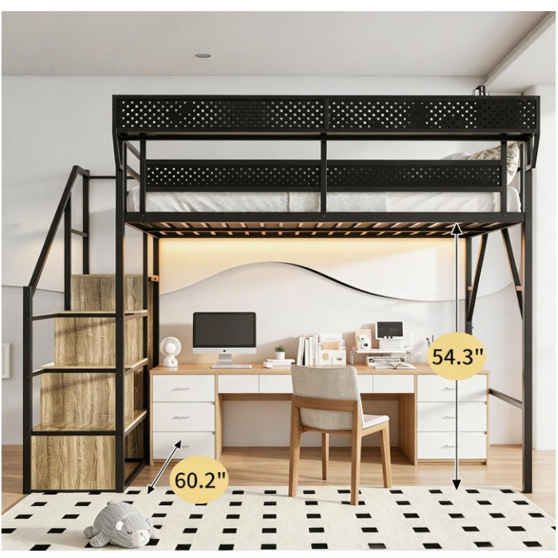 Queen Size Metal Loft Bed with Reversible Stairs and LED & USB Port Storage Shelf