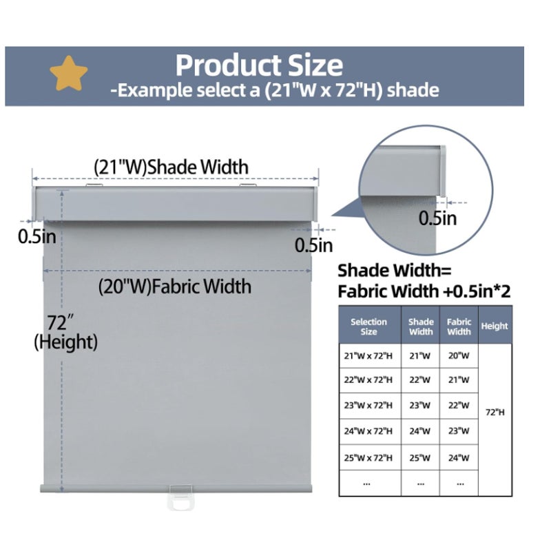SHADEMOON Blackout Cordless Roller Window Shades,Grey,13" W x 72" H Free-Stop System with Valance