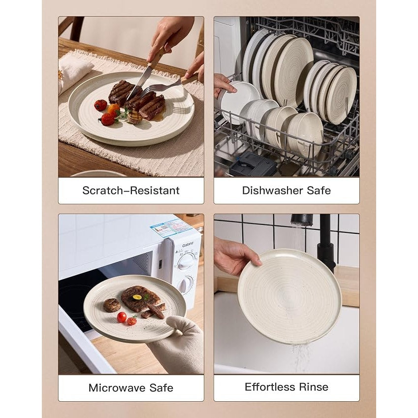 24-Pcs Reactive Glaze Stoneware Dinnerware Sets for 8 - Coupe Plates & Bowls, Shell Beige
