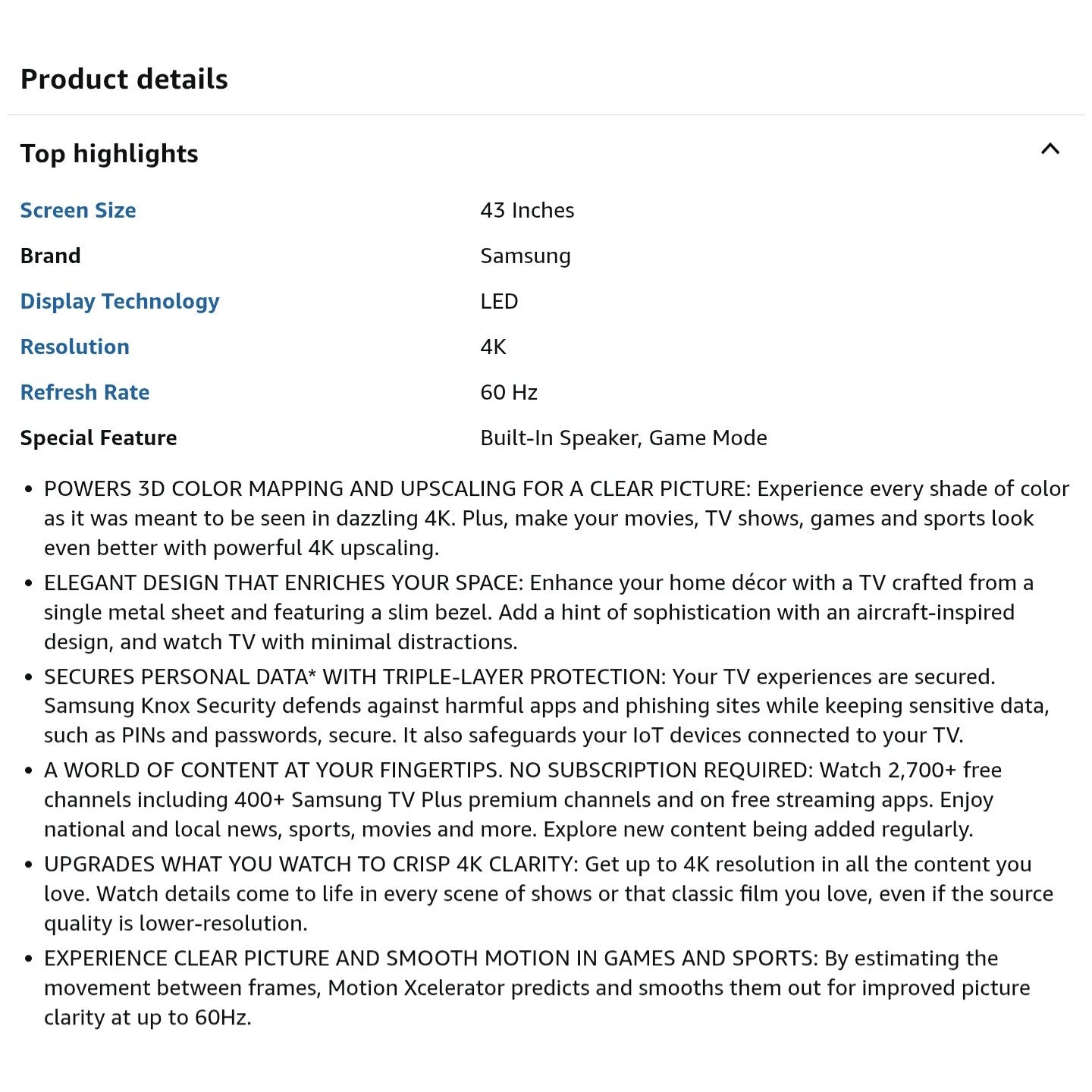 Samsung 43-Inch Class Crystal UHD U8000F 4K Smart TV (2025 Model) Endless Free Content,