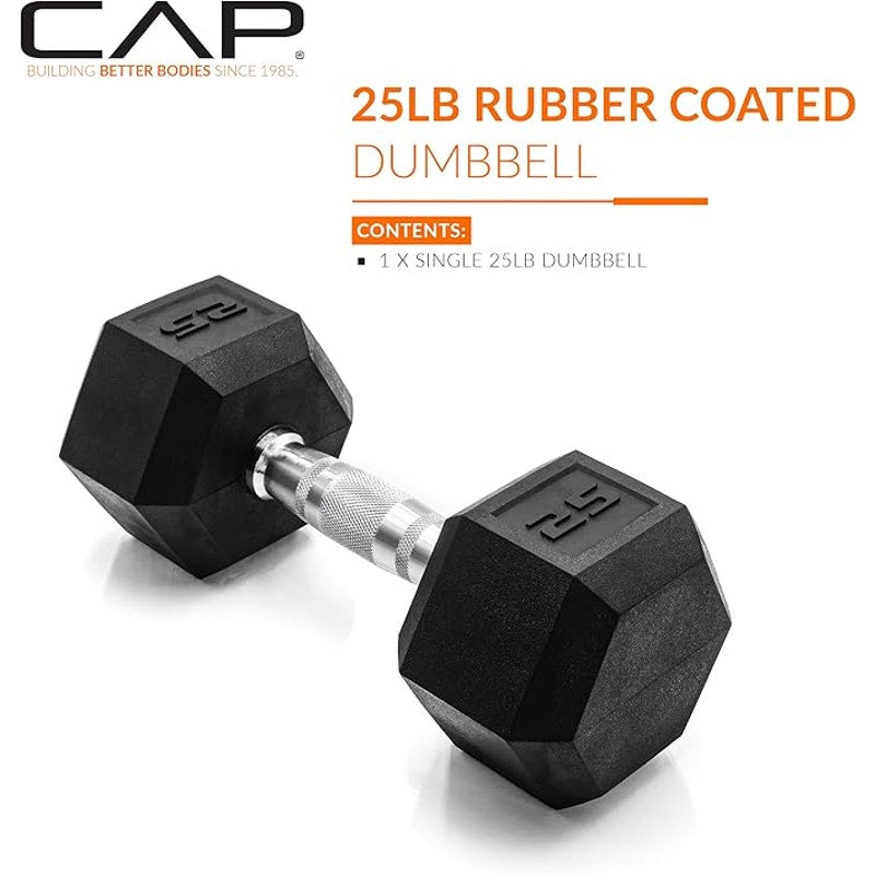 CAP Rubber Coated Dumbbell Weights, with  Chrome & Comfort Grip Handles, Singles. 25 Lb