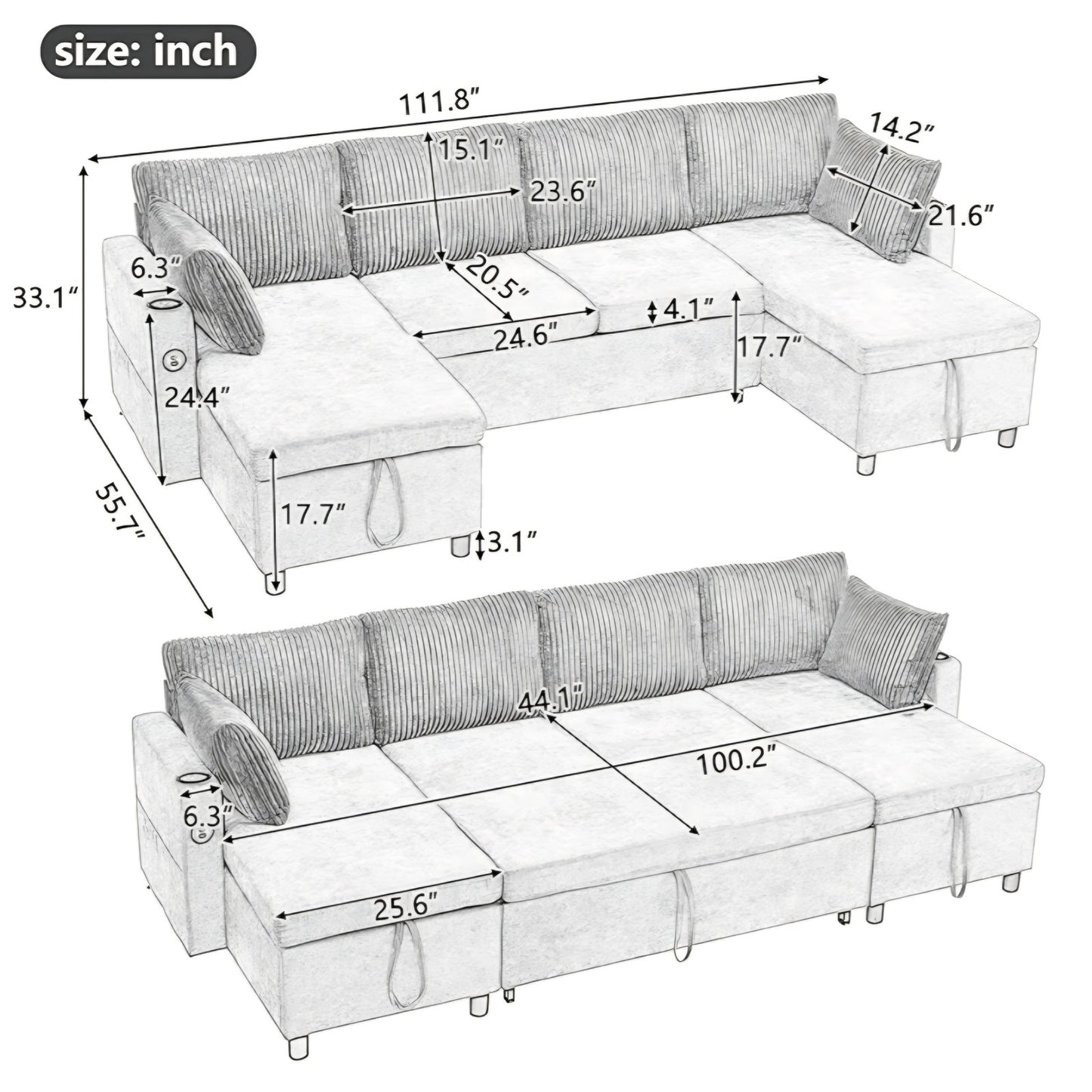 Sectional Sleeper Sofa with Double Storage Chaise, Pull Out Sofa Bed Couch with USB Ports