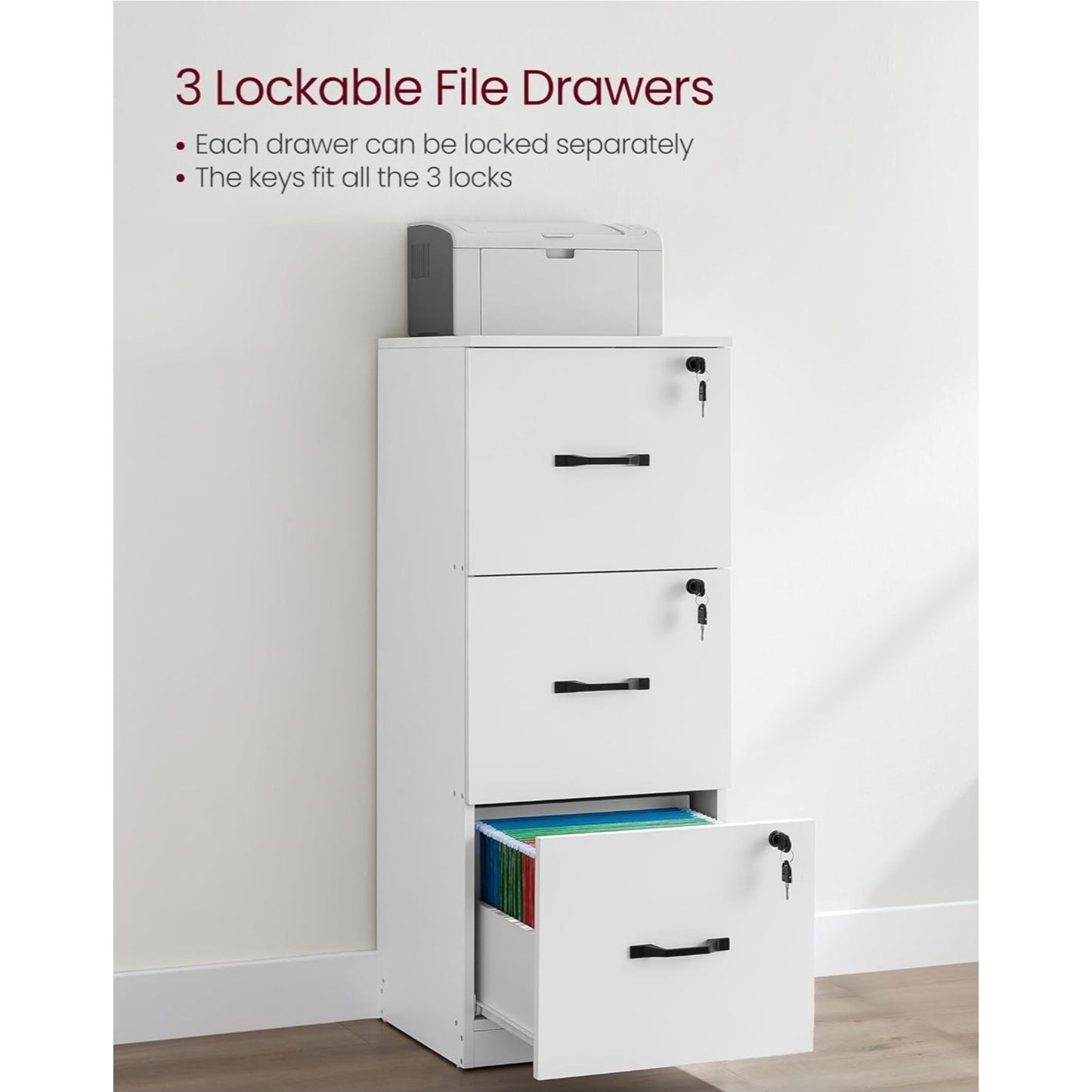 VASAGLE 3 Drawer File Cabinet, File Cabinet with Lock, Printer Stand, Office Filing Cabinet Organiz