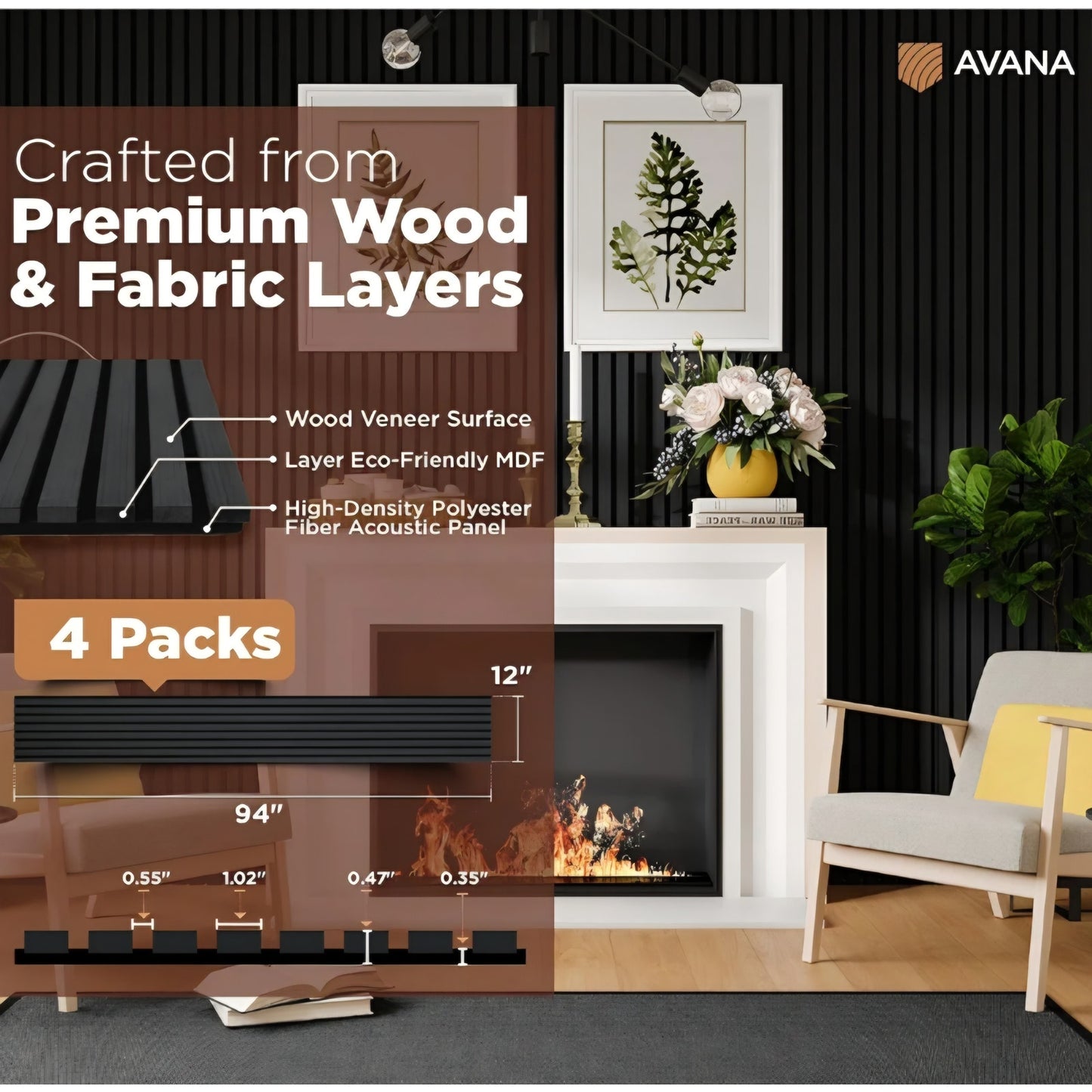 Avana Acoustic Wood Wall Panels – 94.4 x 12.6 Inch Black Oak Acoustic Panels 4 PCs – Wall Panels