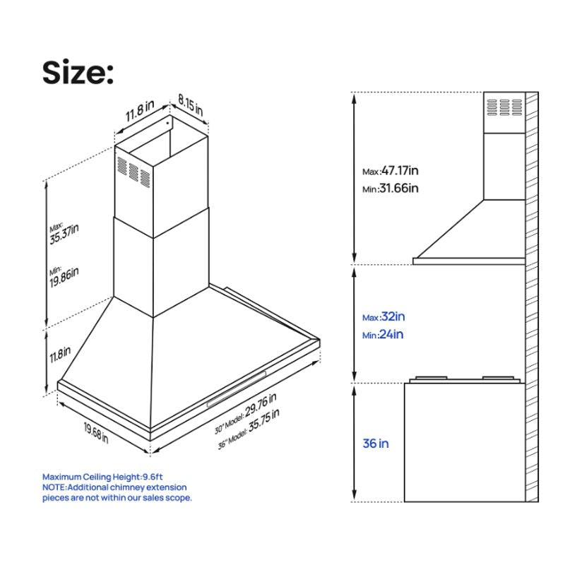 30-inch Wall Mount Range Hood 900 CFM Ducted/Ductless Convertible