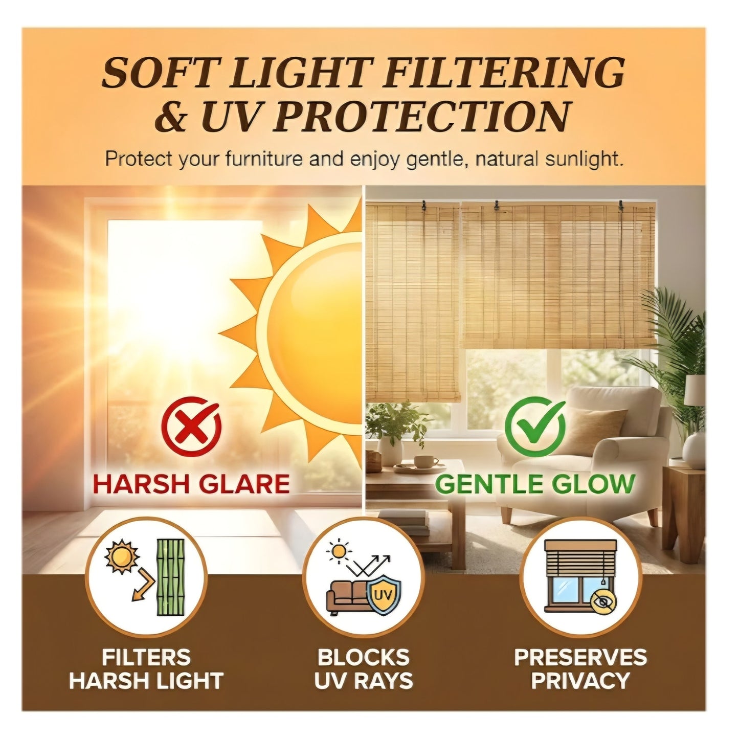 Bamboo Blinds for Interior Window, 70"W x48"H  Bamboo Shades for Indoor Windows