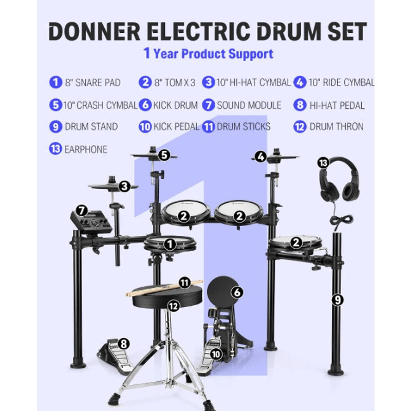 Donner DED-200 Electric Drum Sets with Quiet Mesh Drum Pads 2 Cymbals w/Choke 31 Kits and 450Sounds
