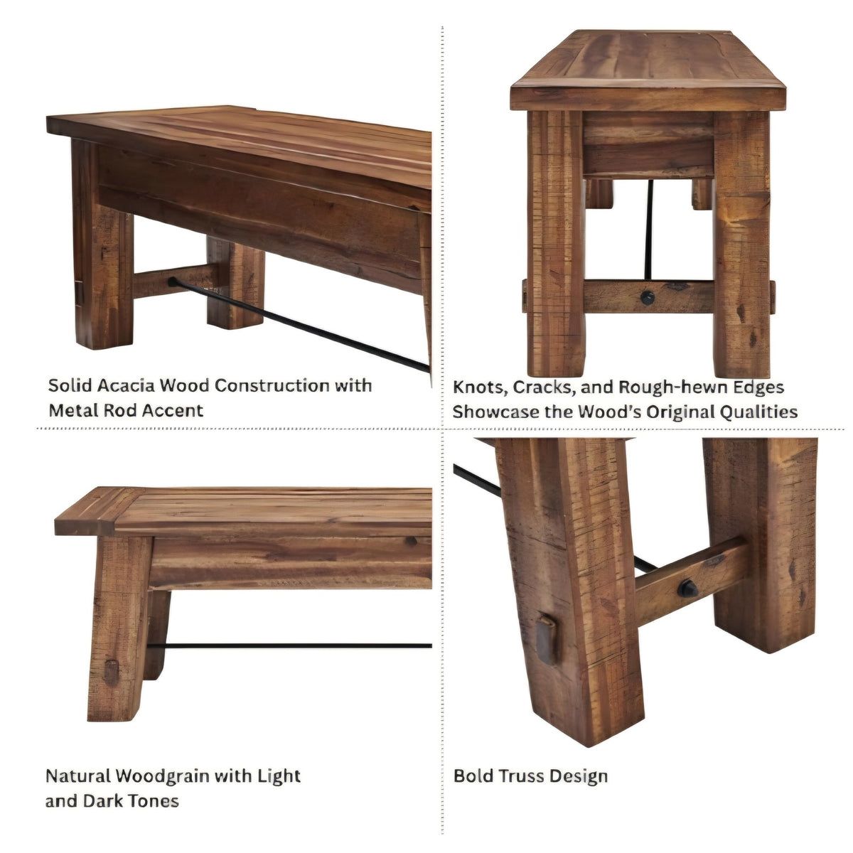 Rustic Farmhouse Style 60-Inch Wood Bench - Industrial Modern Accent Furniture with Solid Wood