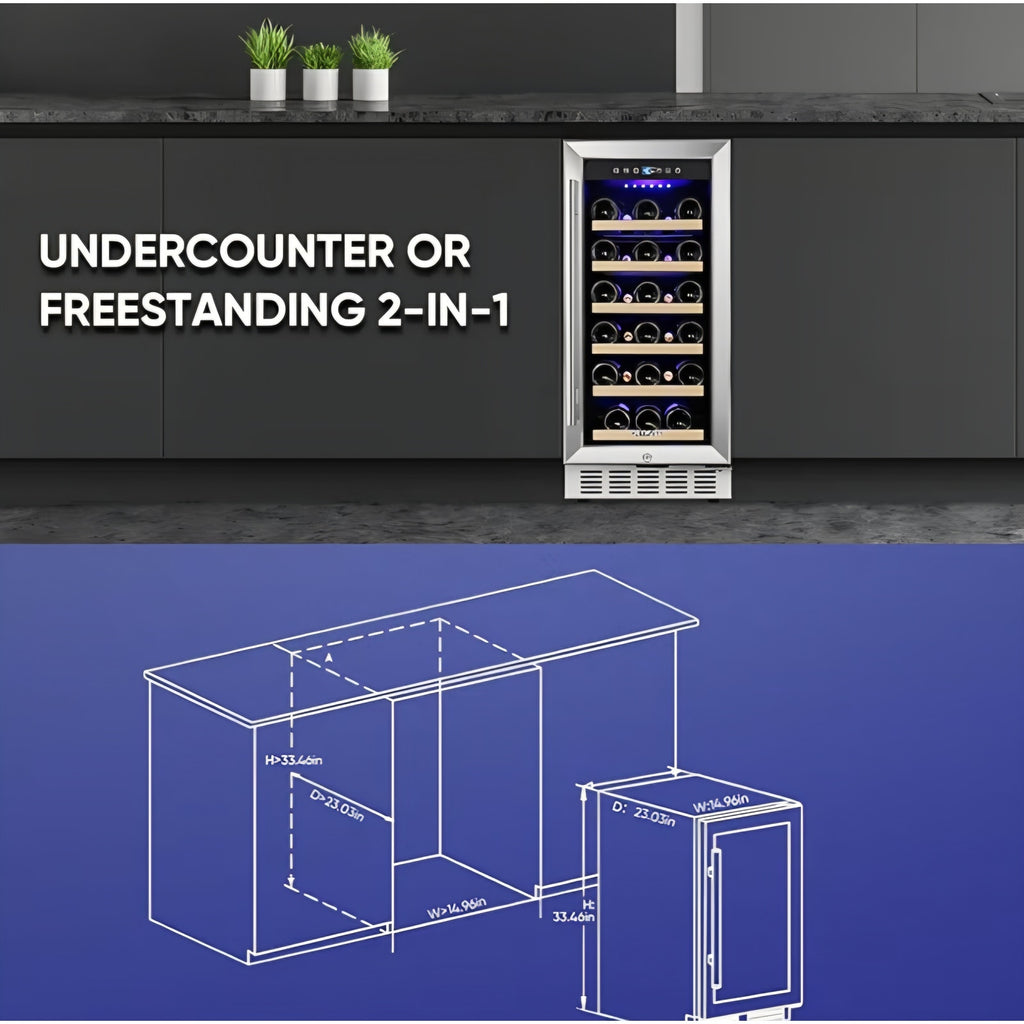 15 Inch Wine Cooler Under Counter, 30 Bottle Wine Fridge with Stainless Steel Glass Door