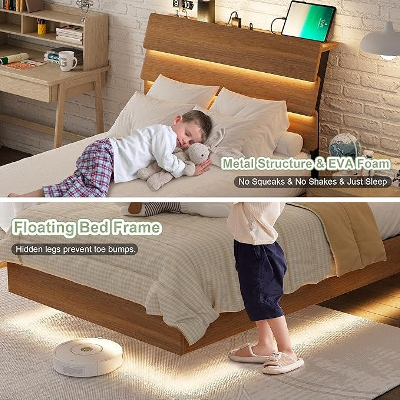 Feonase Floating Bed Frame Twin, Wood Full Size Bed Frame with Storage Headboard, Walnut