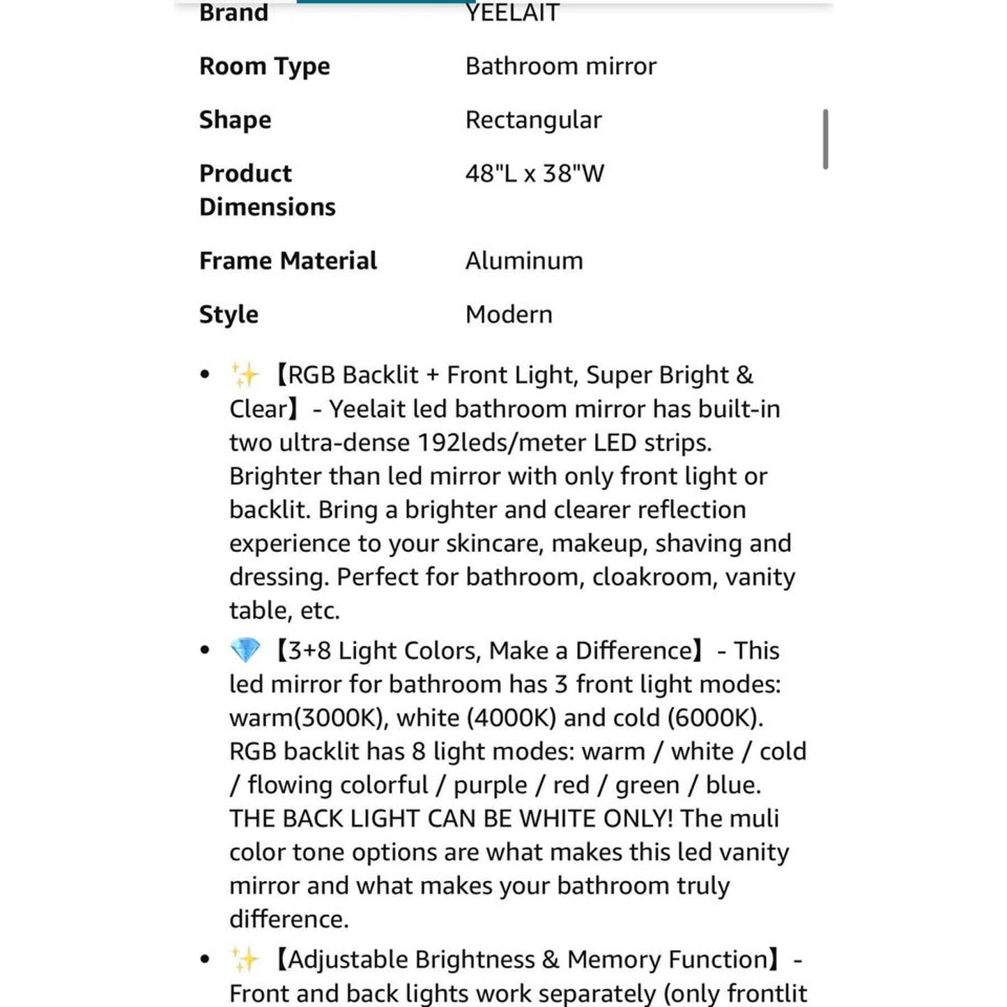 48x38 Inch RGB LED Bathroom Mirror Front Light and RGB Backlit Lighted Vanity Mirror for Bathroom Wa