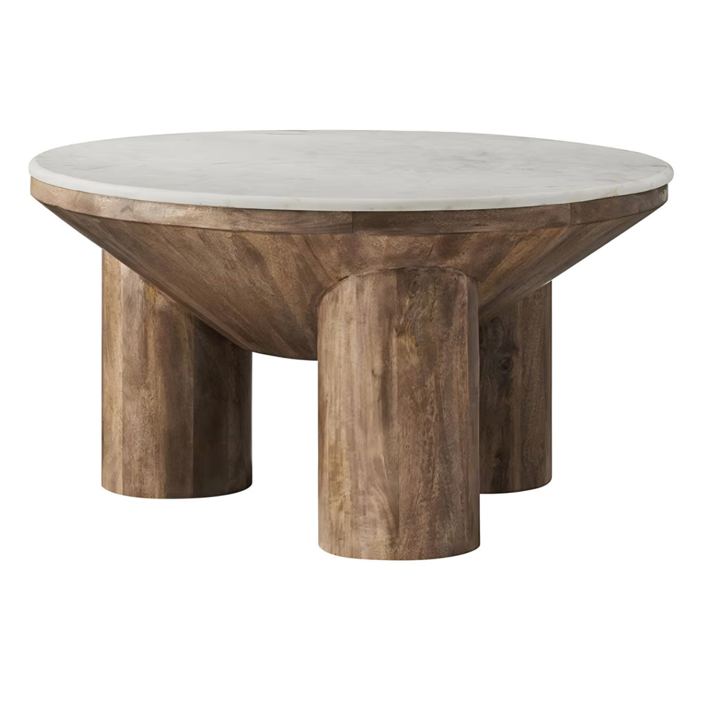 Ellison 33 Inch Round Mango Wood Coffee Table in Walnut with Marble Top