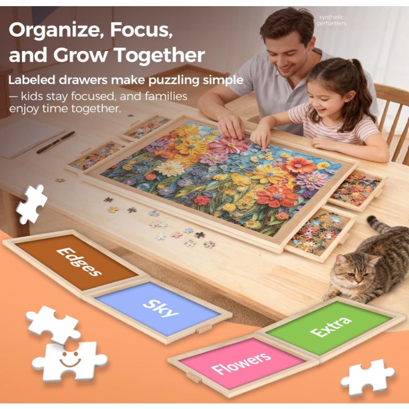 1500 Piece Rotating Puzzle Board with 4 Drawer 24.92"x33.58"Portable Wooden Jigsaw Puzzle Table
