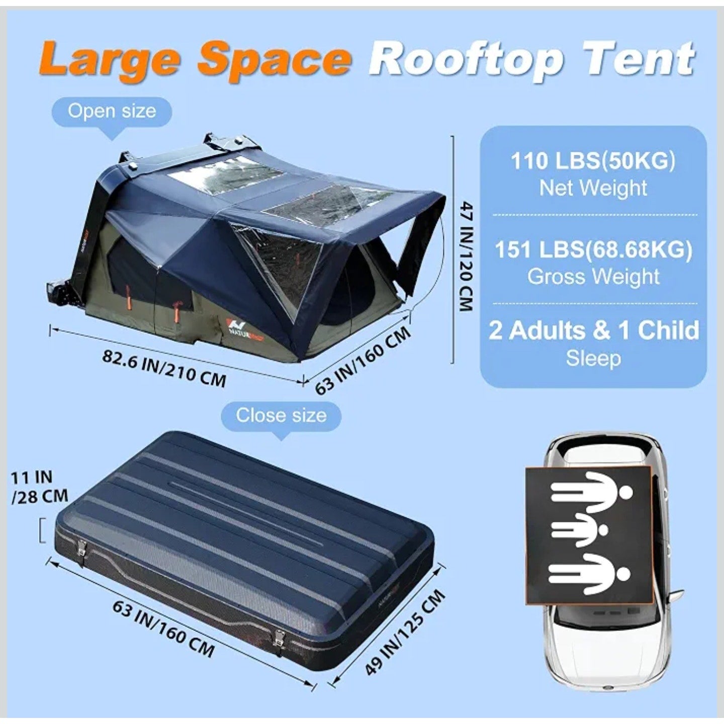 Naturnest Rooftop Tent Hard Shell, Easy Set Up Pop Up Large Tent for 2-3 Person Camping