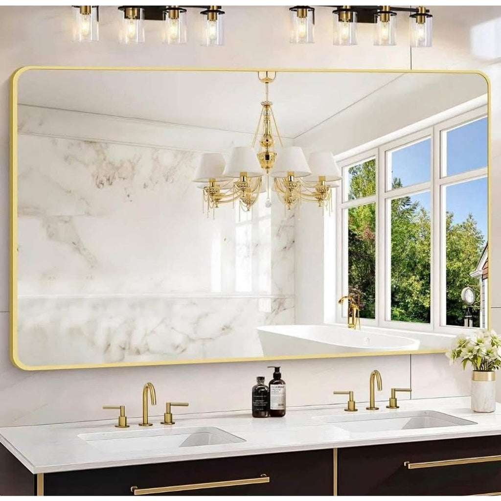 55"x36" Gold Bathroom Mirror, Large Rectangle Mirror, Rectangular Wall Mirror, Rounded Corner Vanit