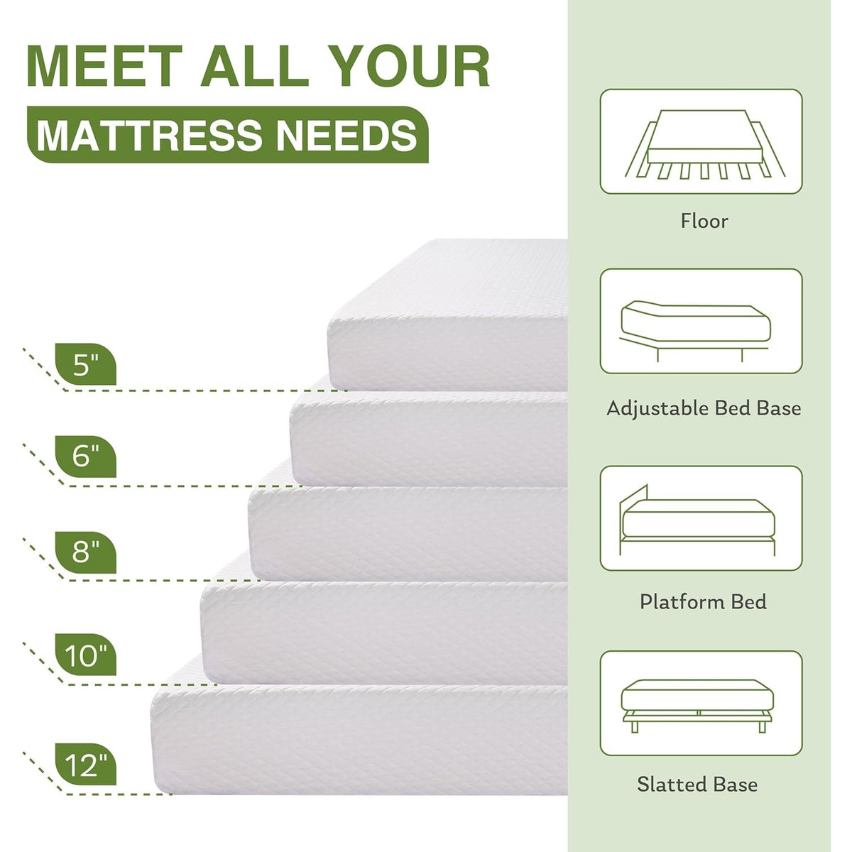 EGOHOME Queen Mattress  in A Box, 12 In, Medium Firm, Cooling Green Tea Gel, 80''L x 60''W, White