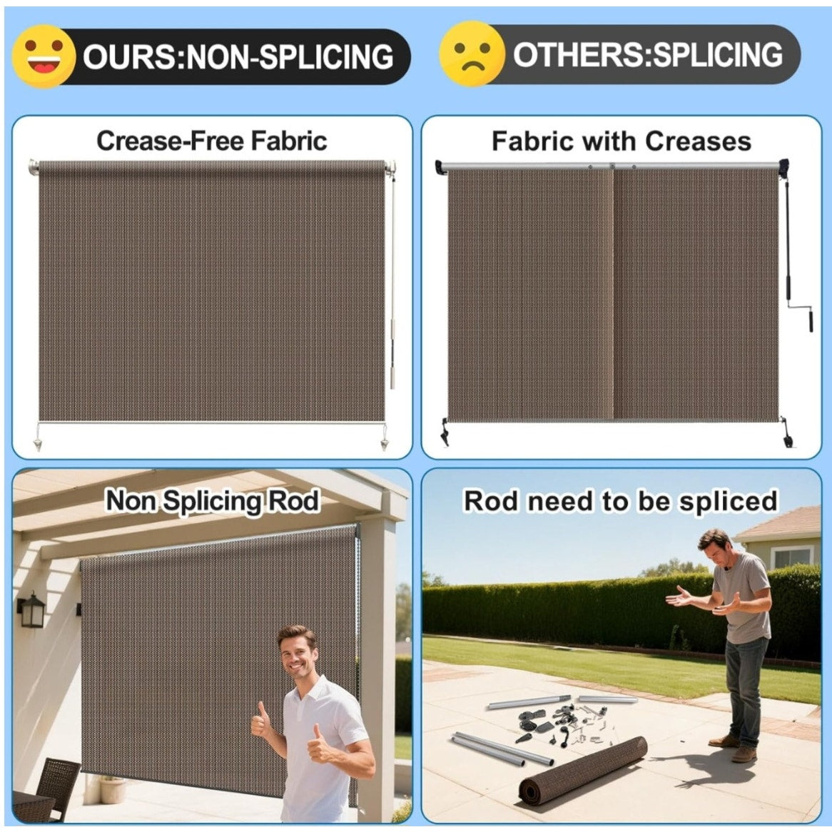 HENG FENG Outdoor Roller Shade 6'(W) x6'(H) Cordless Exterior Roller Shade Patio Shades Roll up Outdoor Blinds for Patio Porch Gazebo Pergola,Mocha