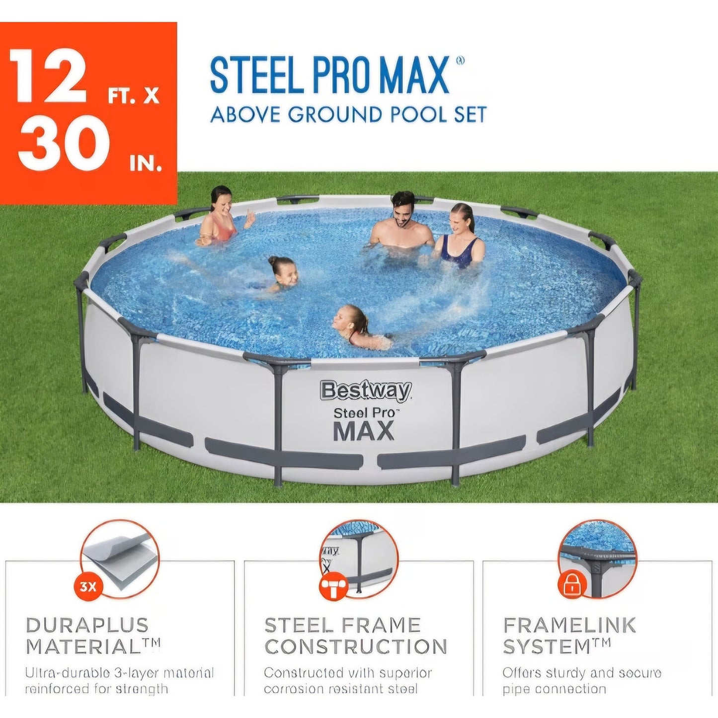 Bestway Steel Pro MAX Above Ground Swimming Pool (12' x 30") | Round Outdoor