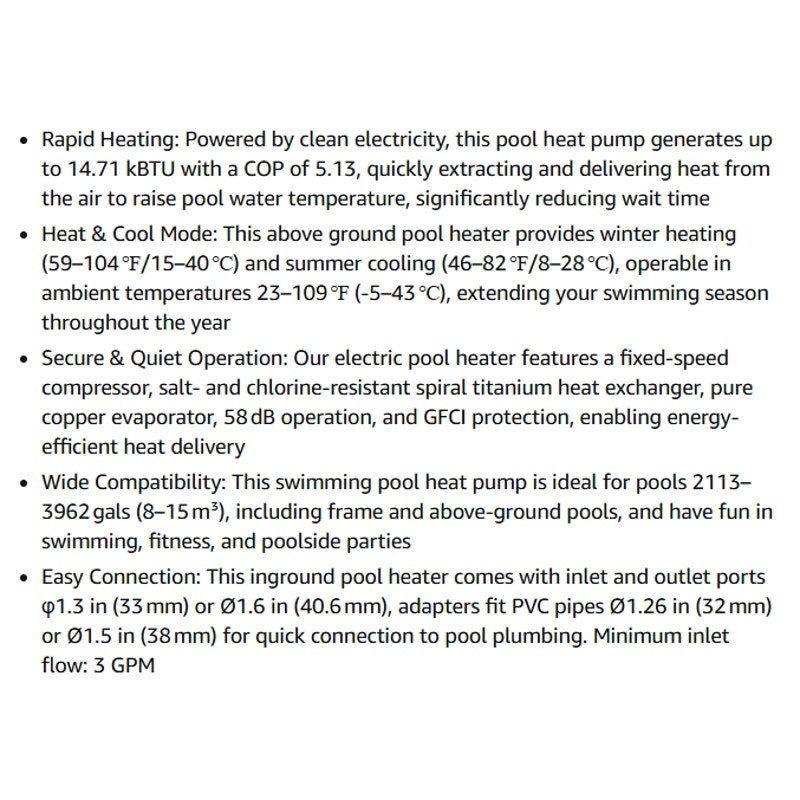 VEVOR 14710 BTU Heat Pump for Above Ground Pool Electric Pool Heater with Heati & Cooling Dual Mode