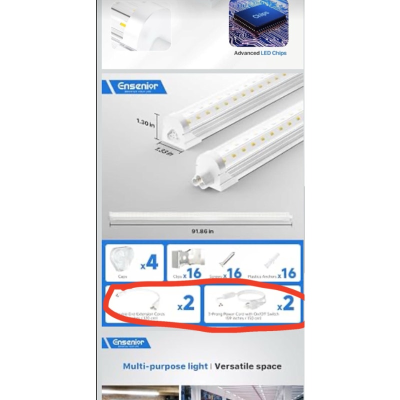 Ensenior 8FT LED Shop Lights, 6000K T8 Commercial Bay Lighting