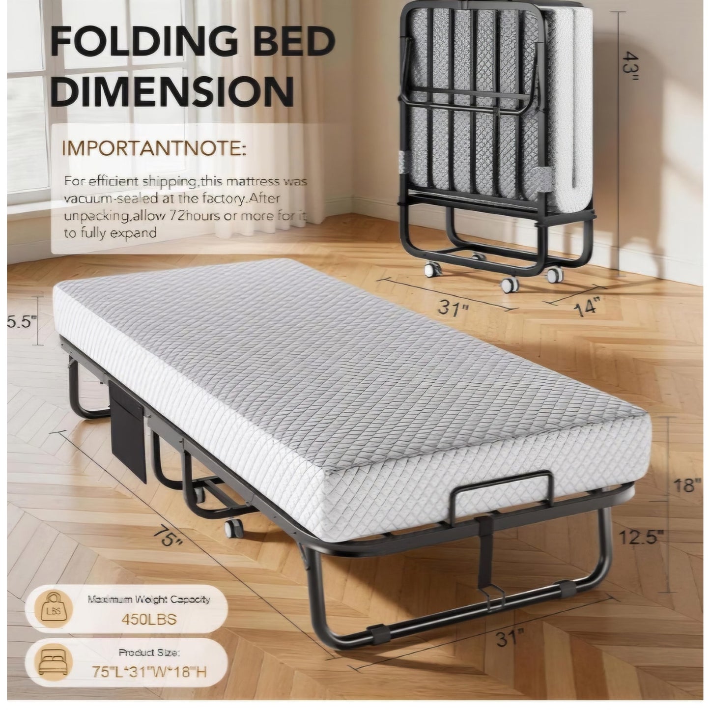 Decofy Folding Bed with Memory Foam Mattress, Portable Rollaway Guest Beds on Wheels, 75"x31"