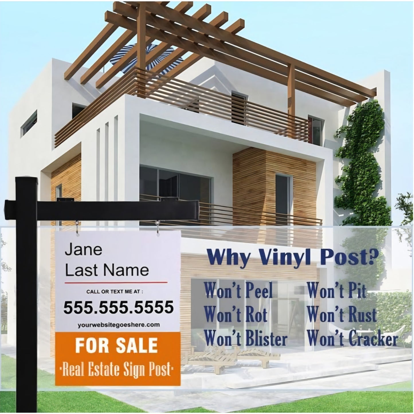Vinyl PVC Real Estate Sign Post 6' Tall (4"x 4"x 72"), Realtor Yard Sign Post with Flat Cap