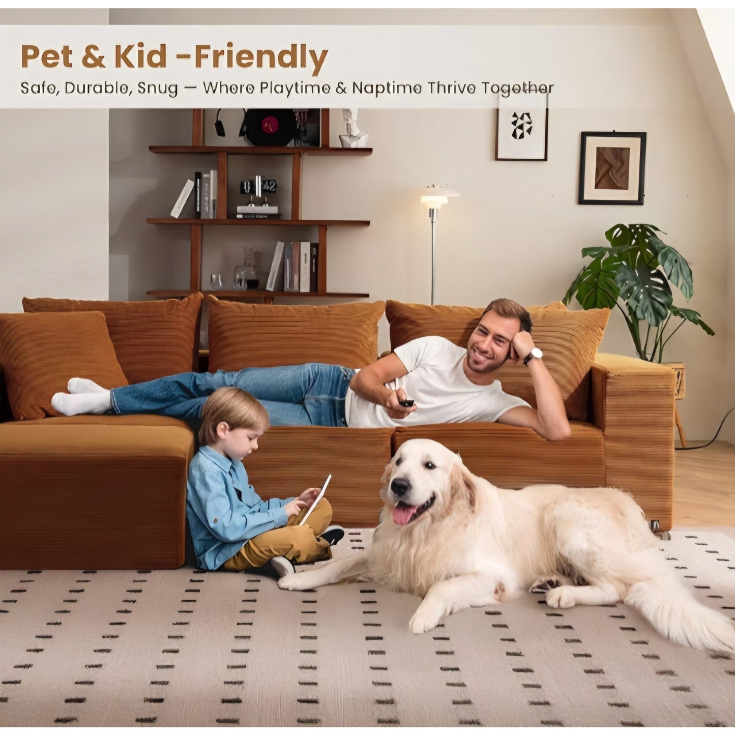 L-Shaped Boneless Couch, Modular Sectional Sofa with Moveable Ottoman