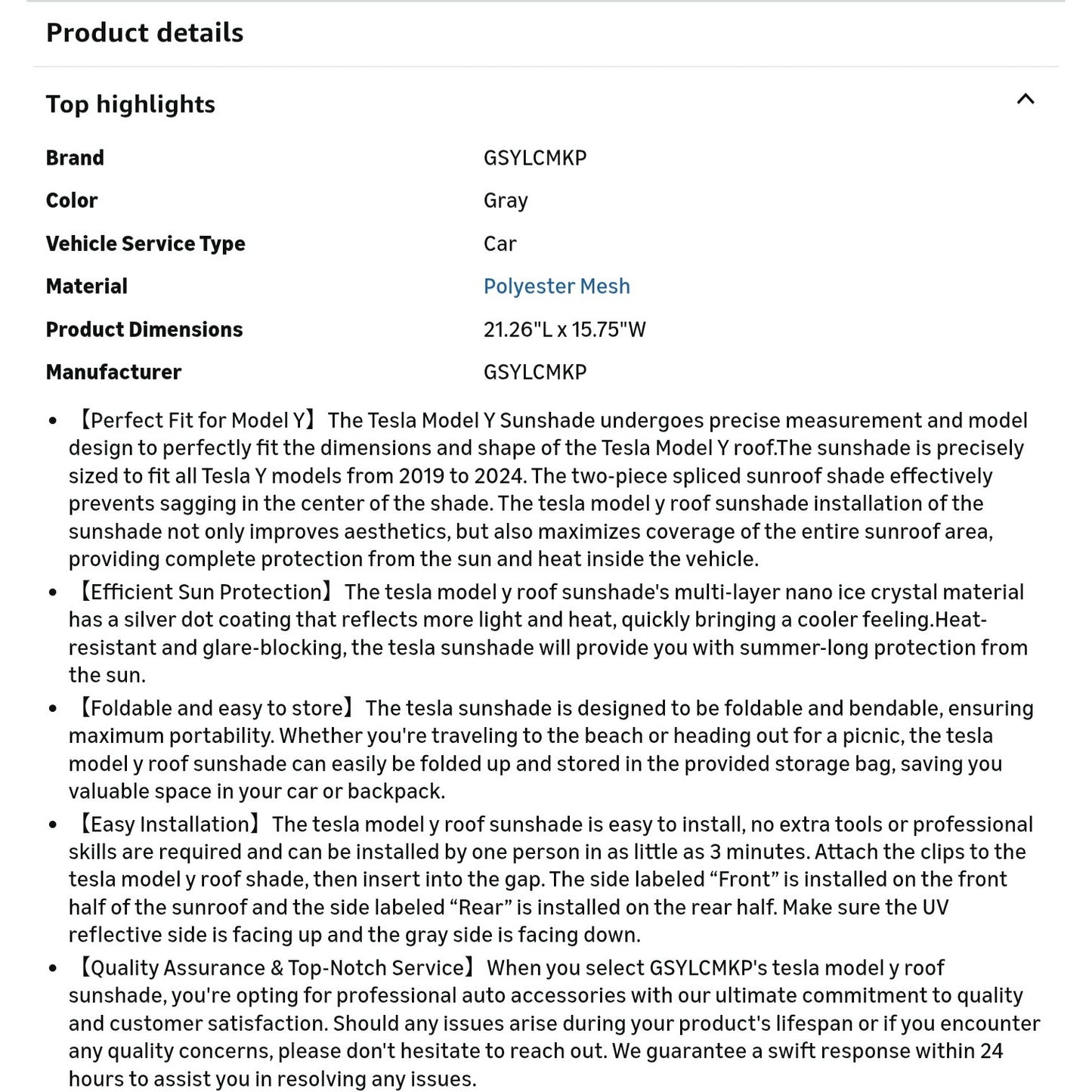 Sunshade for Tesla Model Y Roof for Tesla Model Y 2019-2024 Sunshade Heat Insulation Accessories